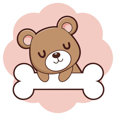 Cute Cartoon Teddy Bear Holding a Bone. Smiling Animal with Pink Cloud Background
