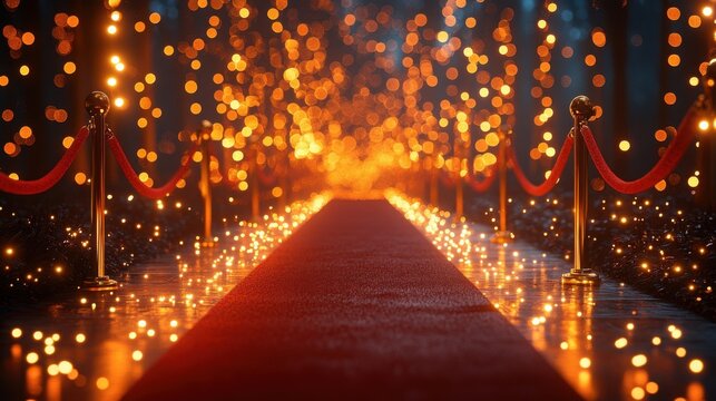 The red carpet stretches towards the podium, framed by elegant golden lights and plush velvet ropes, creating a festive atmosphere for a product unveiling.