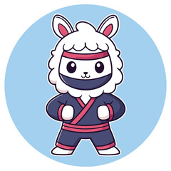 Cartoon White Llama Ninja in Kimono with Headband Ready for Action, Blue Circle