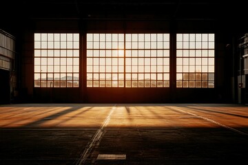 Empty hangar bathed in golden sunlight