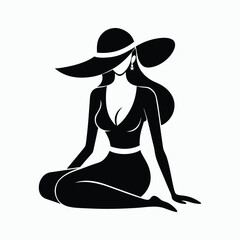 Seated Woman Silhouette - Retro Fashion Illustration. girl with a hat and yoga pose