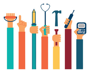 Diverse hands holding various professional tools, representing different occupations and teamwork.