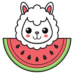 Cartoon Alpaca with Watermelon Slice; White Fluffy Llama, Kawaii Style, Summer Fruit