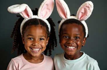 A pair of African American children, a girl and a boy, look at the camera and smile. The children are wearing headbands with faux furry Easter bunny ears