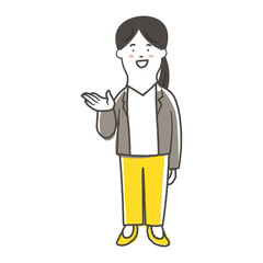 笑顔で案内をしている女性会社員の鉛筆で描いた手書き風のシンプルな全身イラスト素材