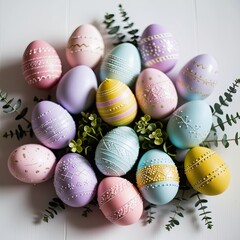 Easter egg composition on white background