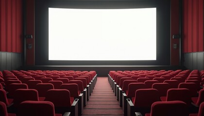 Fototapeta premium Large cinema auditorium interior with red seats, blank white screen. Theatre room for movie showtime, presentation, display, event, commercial, business. Empty space for film projection,