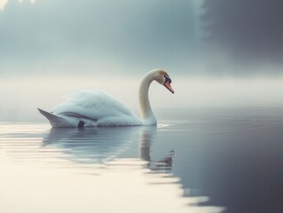 Fototapeta premium Graceful swan gliding through a serene lake at dawn. The fog adds a touch of mystery to this tranquil scene of wildlife in nature.