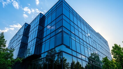 Modern glass office building reflecting blue sky and trees.