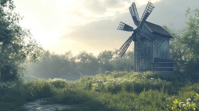 A rustic windmill turning slowly in the morning breeze --ar 16:9 --v 6.1 Job ID: 0c148893-c490-4290-9515-04f5bd922e05
