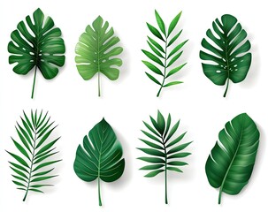 Fototapeta premium Collection of vibrant tropical leaves. Detailed illustration showcases various leaf shapes and textures, including lush, vibrant greens. Ideal for design elements, backgrounds, and print projects