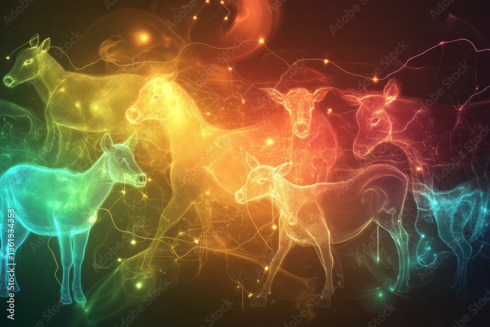 Fototapete Surreal composition of glowing farm animals in an abstract dreamlike atmosphere with smooth gradients and vibrant energy Generative AI