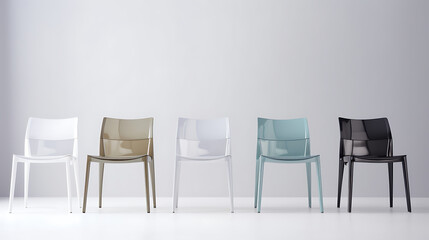 A row of chairs in different colors, including white, black, and green