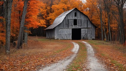 serene rural autumn scene old wooden barn amid fall foliage rustic countryside charm path winding through colorful leaves picturesque landscape