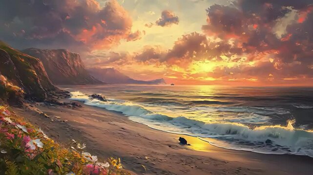 Gorgeous and Colorful Seaside Sunset with Flower - filled Coast
