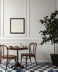 Minimalist breakfast nook with wooden chairs, table, and plant.