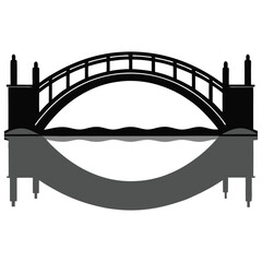 Wooden bridge silhouette with boat and city skyline in the background