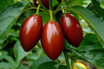 Fresh Red Fruit on a Green Plant with Lush Green Leaves