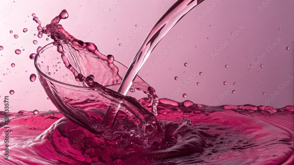 Poster a vibrant splash of pink liquid pours into a glass, creating dynamic ripples and droplets against a 
