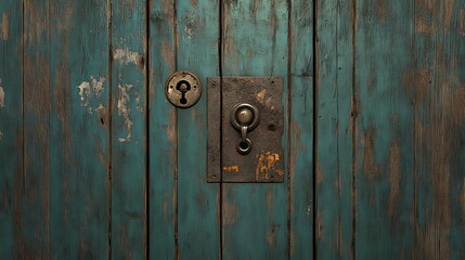 Fototapeta premium Weathered Teal Door with Antique Locks: A Close-Up AI Generated