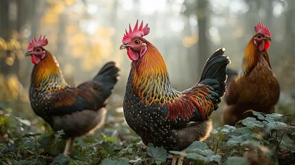 Fototapeta premium Majestic Rooster and Hens in the Forest: A Vibrant Display of Poultry Beauty