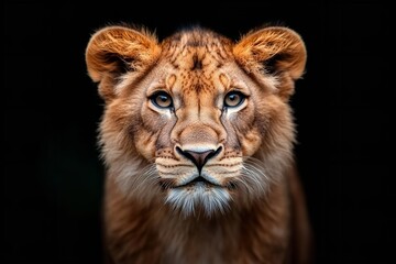 Fototapeta premium Majestic young lion gazes directly at the camera in a dark setting during twilight hours