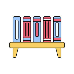 Bookshelf Flat design style, wooden shelf with books, symbolizing education, knowledge, and organization, ideal for library and academic designs.