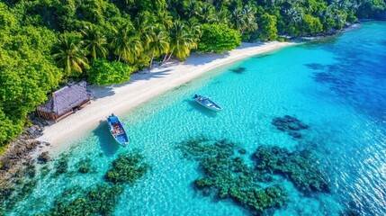 Tropical Beach Paradise: Boats & Hut - Aerial Photography