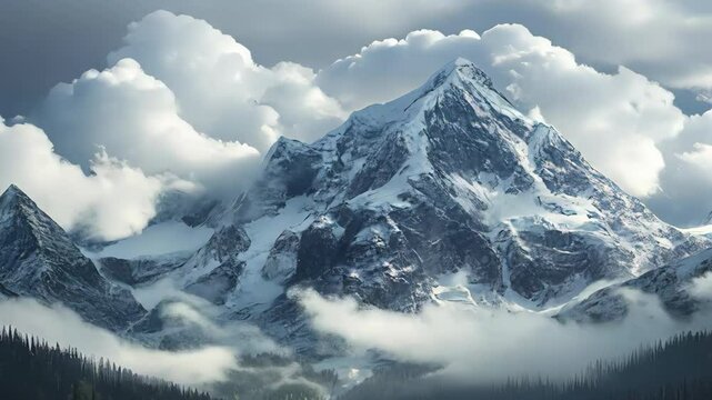 Snow - capped Mountain Surrounded by Clouds and Forest
