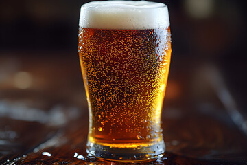 A frosty glass of golden beer with tiny bubbles rising to the surface, crowned with a thick, foamy head