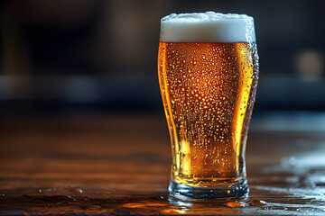 A frosty glass of golden beer with tiny bubbles rising to the surface, crowned with a thick, foamy head