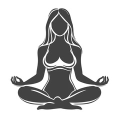 Woman is sitting cross legged with her hands on her lap. She is in a meditative yoga pose. Concept icon for yoga center