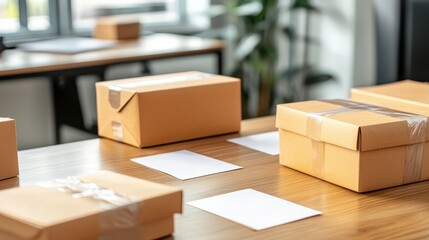 Fototapeta premium Elegant arrangement of various business packaging materials on a wooden desk