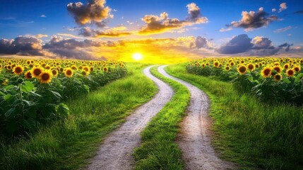 Obraz premium Sunflowers Sunset Country Road - Golden Hour Photography