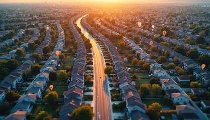 Obraz premium Aerial view property mapping with location markers, connected lines on land plots. Real estate, property valuation, smart city, urban planning, investment, mortgage, house, residential area.
