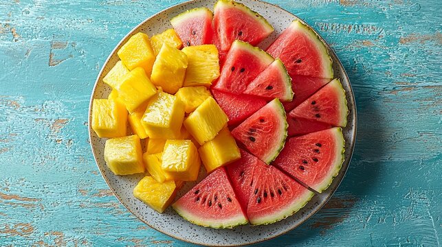 Freshly sliced watermelon and pineapple arranged on a plate against a blue background