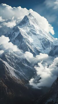 Magnificent Snow - covered Peak with Clouds and Forest
