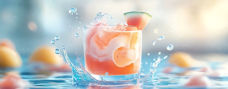 Refreshing cocktail with splashes and fruit garnish.