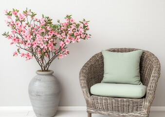 Cozy Living Room Scene with Pink Flowers and Woven Chair