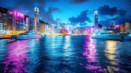 Naklejka premium Hong Kong Night: Luxury Yachts & Skyline - City at Night