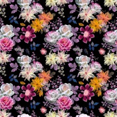 Delightful bouquets of garden flowers on a black background. Floral embroidery seamless pattern.