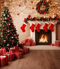 Cozy Christmas Decor with Festive Tree, Stockings, and Gifts