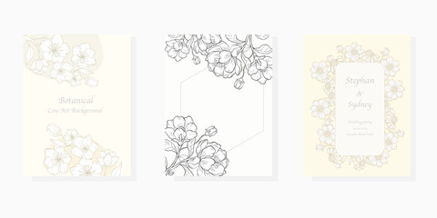 Line art hand drawing wedding invitation template set flowers and leaves decoration. Foliage card design concept.
