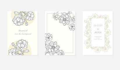 Line art hand drawing wedding invitation template set flowers and leaves decoration. Foliage card design concept.