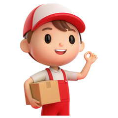 A cheerful cartoon delivery person holds a box and gestures with a hand sign, wearing a red cap and overalls.