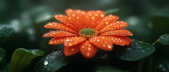 A vibrant orange flower covered in glistening water droplets