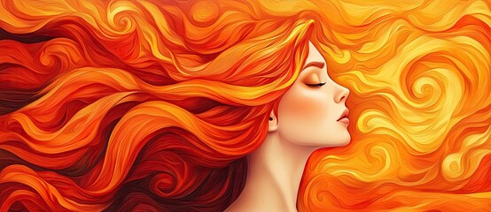 A vibrant, artistic depiction of a woman with flowing orange hair, symbolizing warmth and energy against a swirling background.