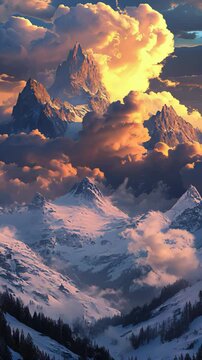 Snowy Mountain and Cloud Sea Illuminated by Sunset
