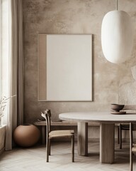 Minimalist dining room interior with blank canvas, wooden table, and chairs.