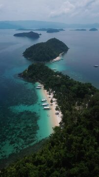 Vertical view of Exoctic Island with turquoise water in Palawan, Phillippines. Aerial view.
